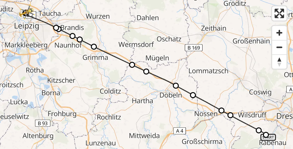 Flugroute Rettungshubschrauber Freital - Sankt Georg Hospital Leipzig Reserve, 27 Juni 2026, 16:02