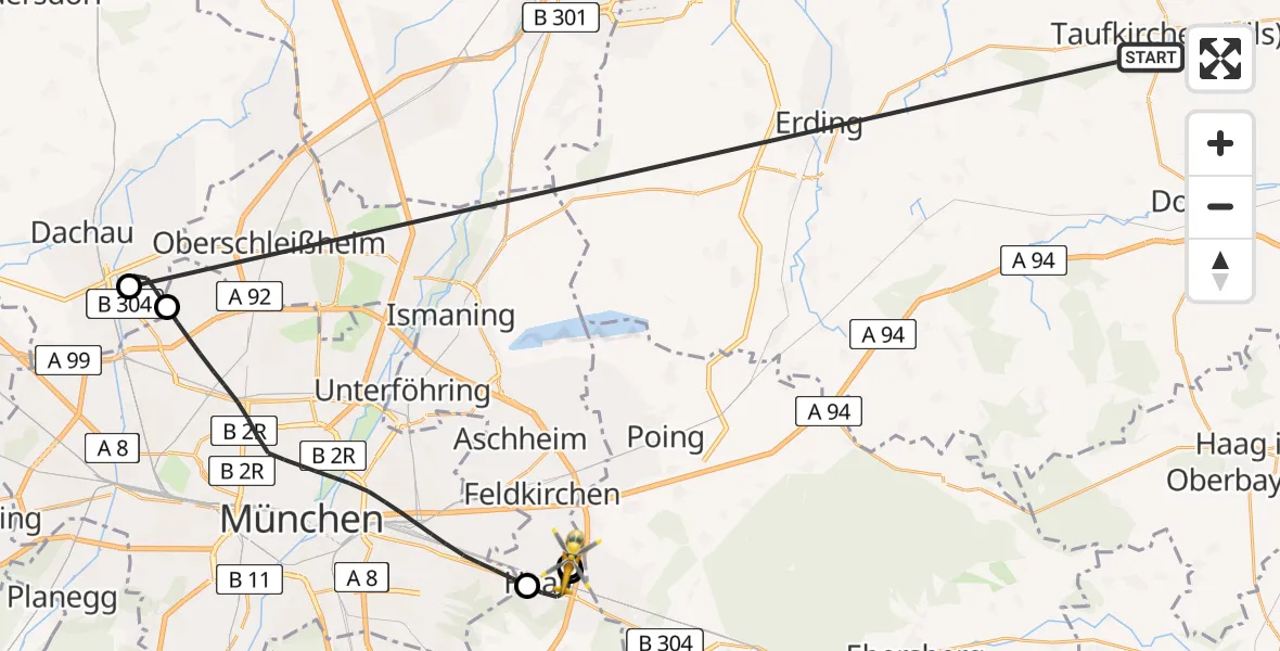 Flugroute Rettungshubschrauber Taufkirchen (Vils) - Haar Hospital, 27 Juni 2026, 16:06