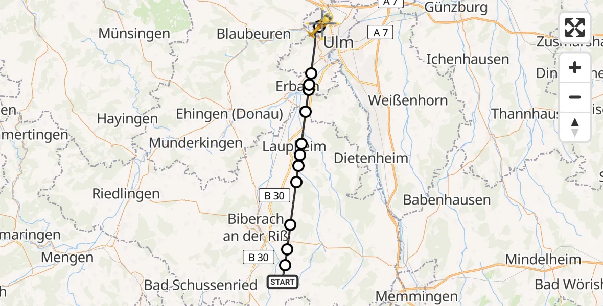 Flugroute Ambulanzhubschrauber Eberhardzell - Ulm Military Hospital Emergency, 27 Juni 2026, 16:08