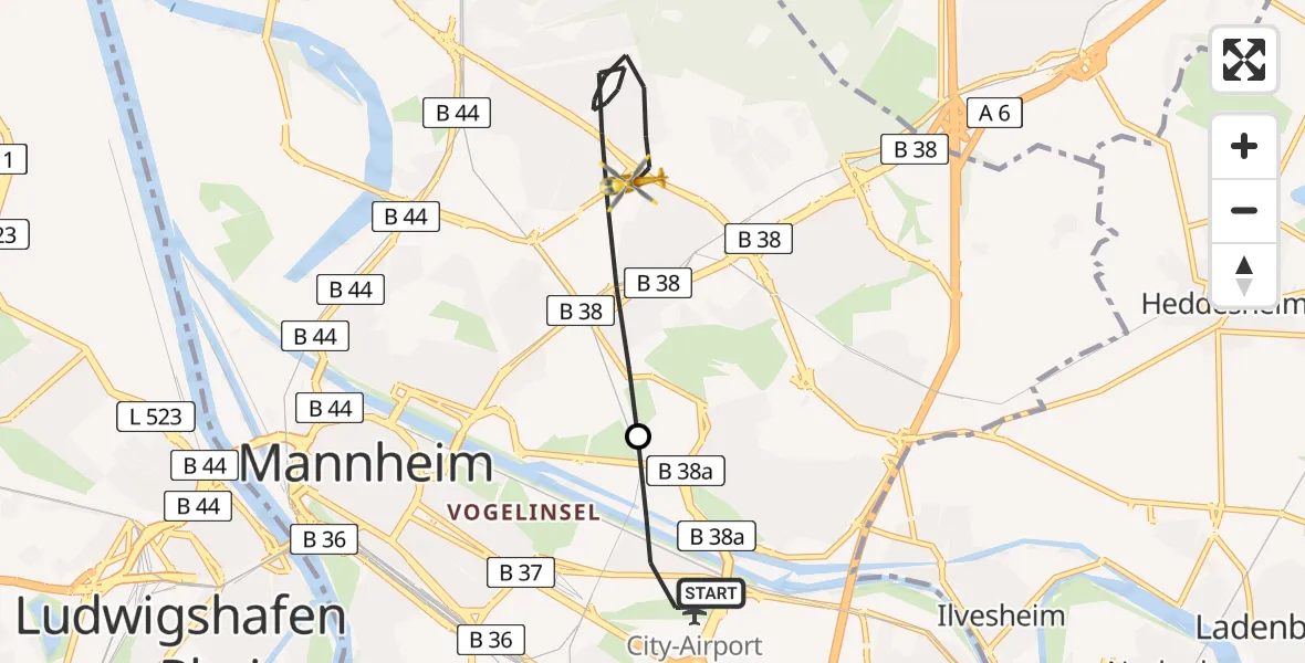 Flugroute Rettungshubschrauber Mannheim-City Flughafen - Mannheim, 27 Juni 2026, 16:08