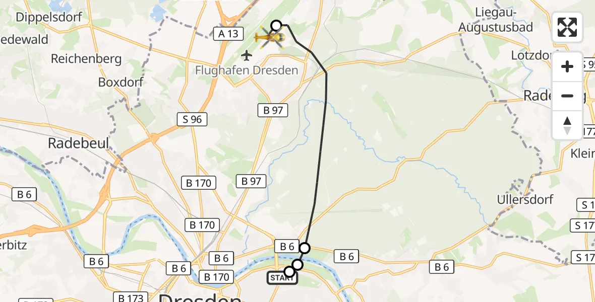 Flugroute Rettungshubschrauber Dresden University Hospital - Dresden Bundespolizei Hubschrauberlandeplatz, 27 Juni 2026, 16:09