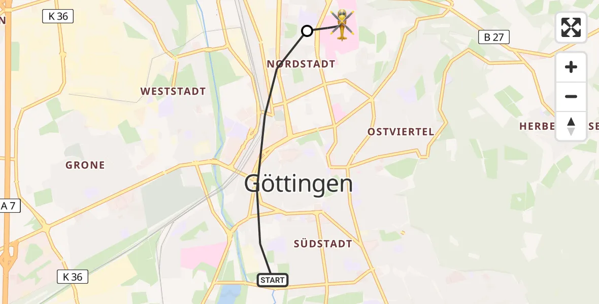 Flugroute Rettungshubschrauber Göttingen - Göttingen University Clinic Hubschrauberlandeplatz, 27 Juni 2026, 16:12