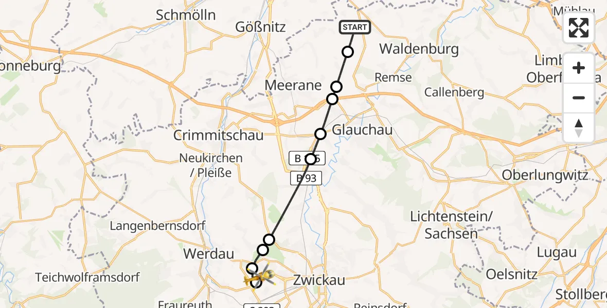 Flugroute Rettungshubschrauber Oberwiera - ADAC Air Rescue Station Zwickau Hubschrauberlandeplatz, 27 Juni 2026, 16:13