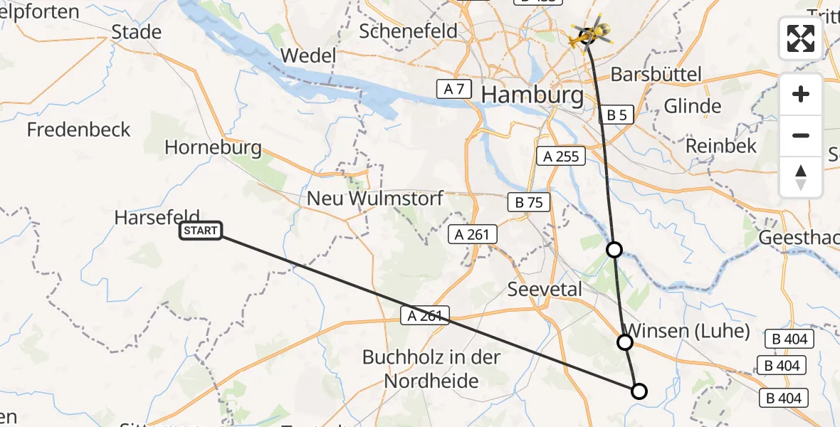 Flugroute Rettungshubschrauber Harsefeld - Hamburg Military Hospital, 27 Juni 2026, 16:19