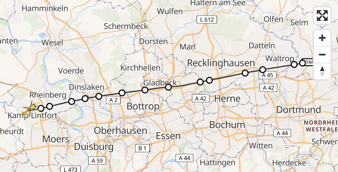 Flugroute Rettungshubschrauber Lünen-Lippeweiden Segelfluggelände - Kamp-Lintfort, 27 Juni 2026, 16:23