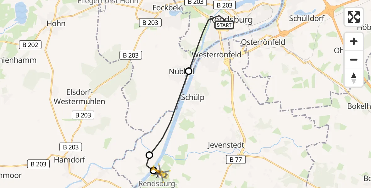 Flugroute Ambulanzhubschrauber Rendsburg - Rendsburg-Schachtholm Flugplatz, 27 Juni 2026, 16:27
