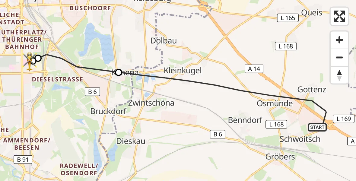 Flugroute Rettungshubschrauber Kabelsketal - BG Hospital Bergmannstrost Halle, 27 Juni 2026, 16:32