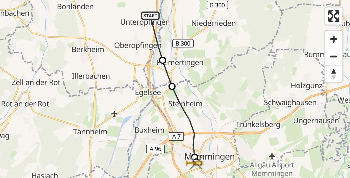 Flugroute Rettungshubschrauber Kirchdorf an der Iller - Memmingen Hospital, 27 Juni 2026, 16:33