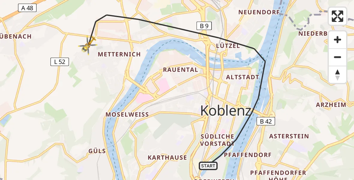Flugroute Rettungshubschrauber Koblenz - Koblenz, 27 Juni 2026, 16:34