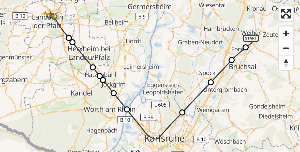 Flugroute Ambulanzhubschrauber Ubstadt-Weiher - Landau in der Pfalz, 27 Juni 2026, 16:34
