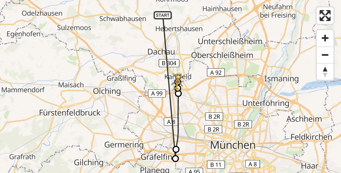 Flugroute Rettungshubschrauber Röhrmoos - Karlsfeld, 27 Juni 2026, 16:36
