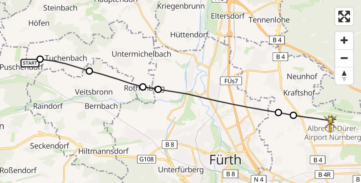 Flugroute Rettungshubschrauber Puschendorf - Flughafen Nuremberg, 27 Juni 2026, 16:40