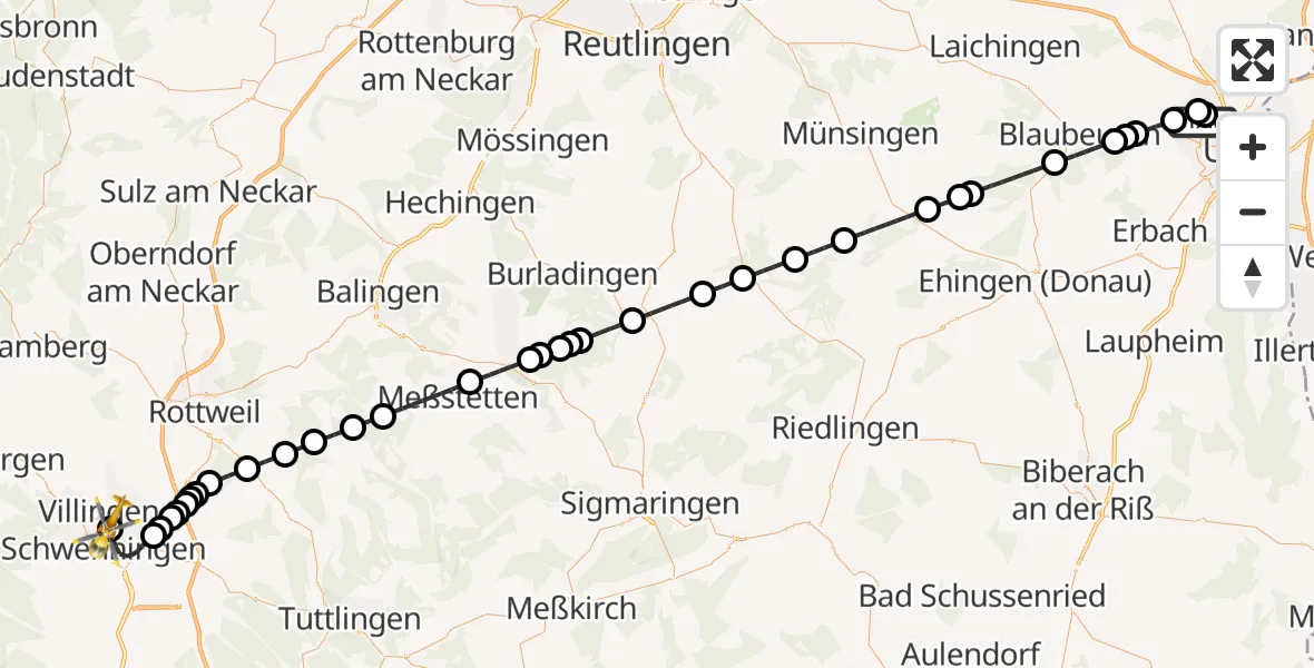 Flugroute Ambulanzhubschrauber Ulm Military Hospital Emergency - DRF Air Rescue Station Villingen-Schwenningen Hubschrauberlandeplatz (Christoph 11), 27 Juni 2026, 16:44