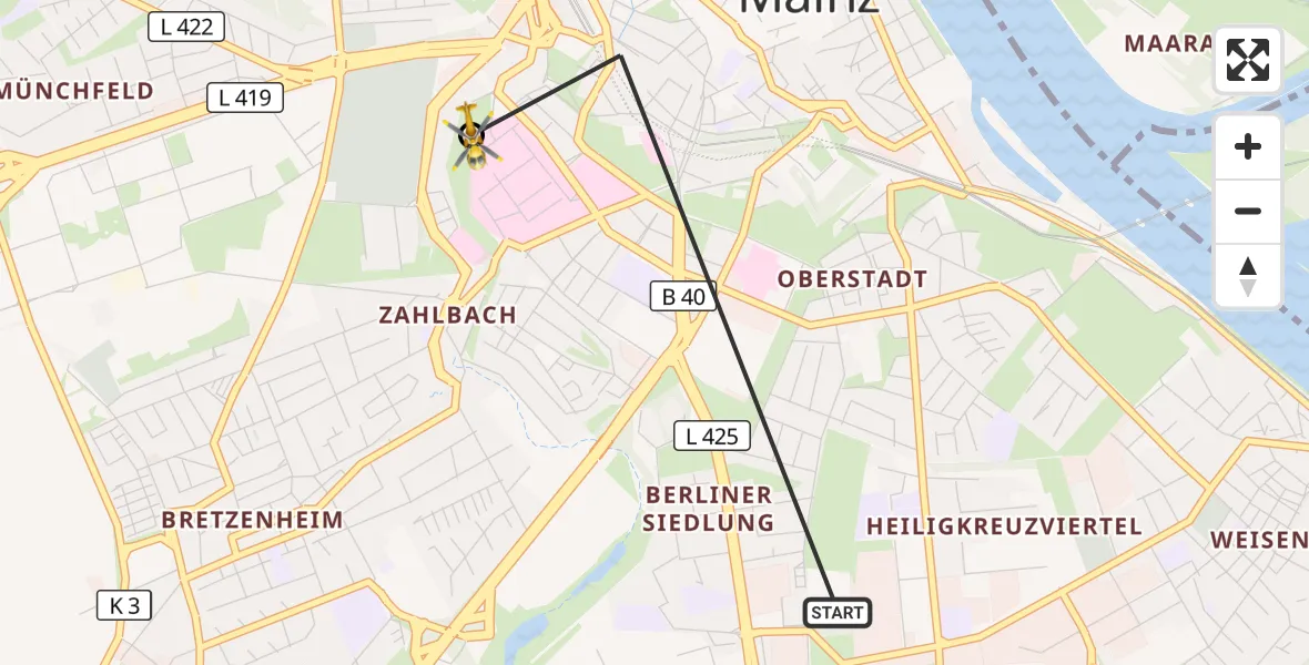 Flugroute Rettungshubschrauber Mainz - Mainz University Hospital, 27 Juni 2026, 16:50