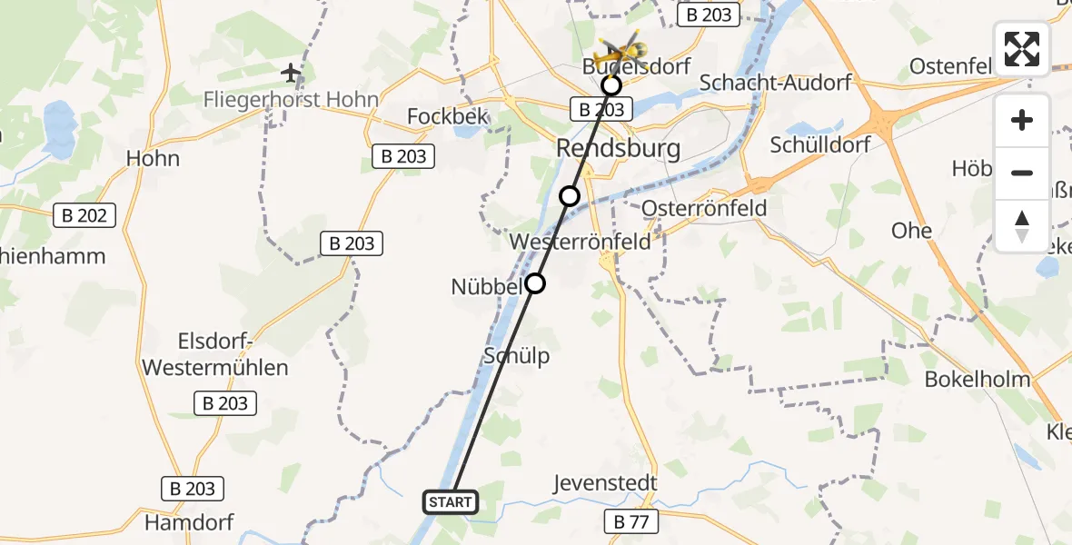 Flugroute Ambulanzhubschrauber Schülp b.Rendsburg - Büdelsdorf, 27 Juni 2026, 16:50