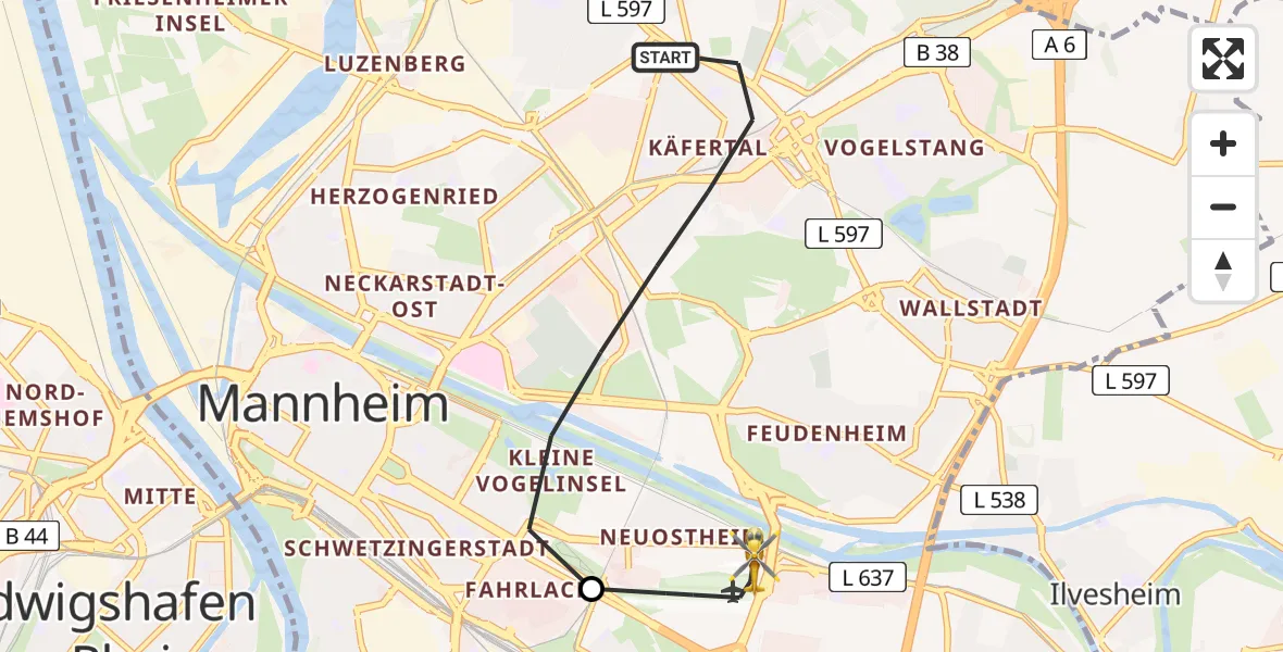 Flugroute Rettungshubschrauber Mannheim - Mannheim-City Flughafen, 27 Juni 2026, 16:51