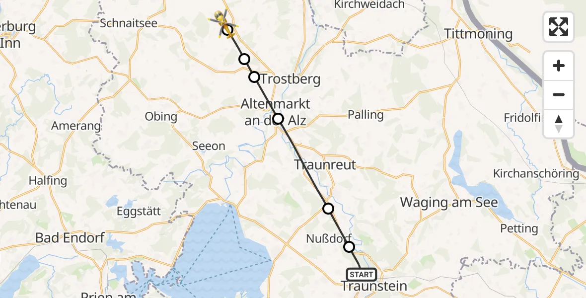 Flugroute Rettungshubschrauber Traunstein - Tacherting, 27 Juni 2026, 16:55