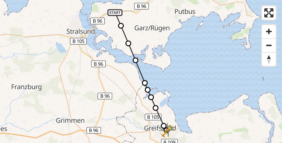 Flugroute Rettungshubschrauber Rambin - Greifswald Hospital, 27 Juni 2026, 16:56