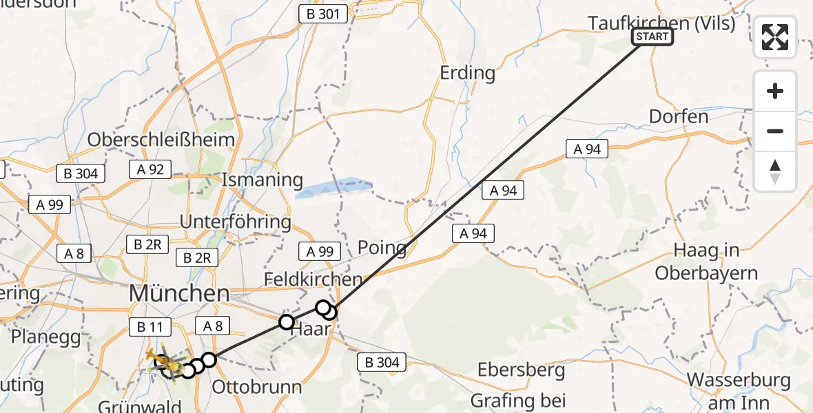 Flugroute Rettungshubschrauber Taufkirchen (Vils) - ADAC Air Rescue Center Hubschrauberlandeplatz (Christoph 1), 27 Juni 2026, 17:00