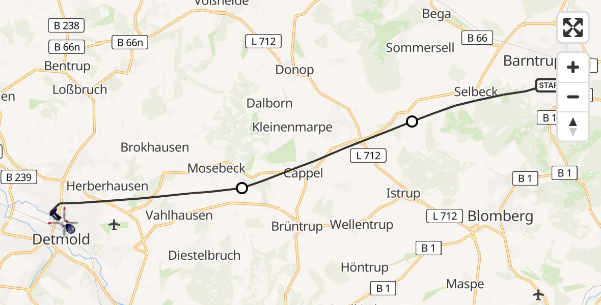Flugroute Polizeihubschrauber Barntrup - Detmold, 27 Juni 2026, 16:59