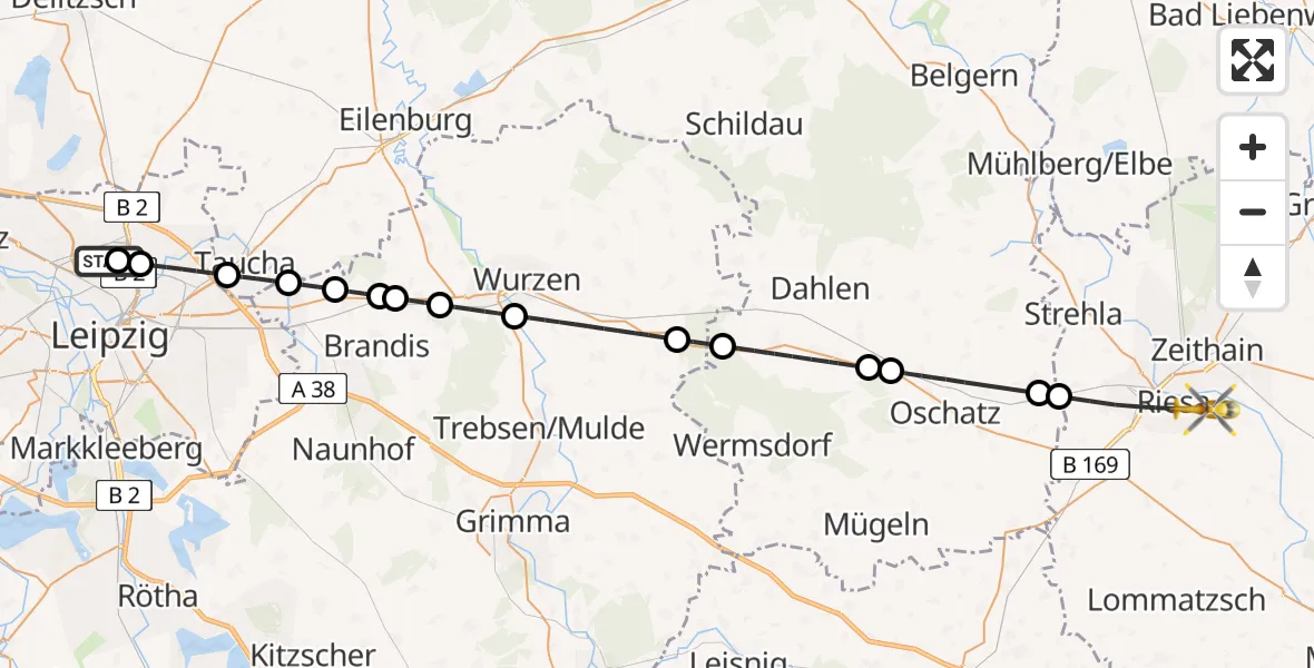 Flugroute Rettungshubschrauber Sankt Georg Hospital Leipzig Reserve - Riesa, 27 Juni 2026, 17:02