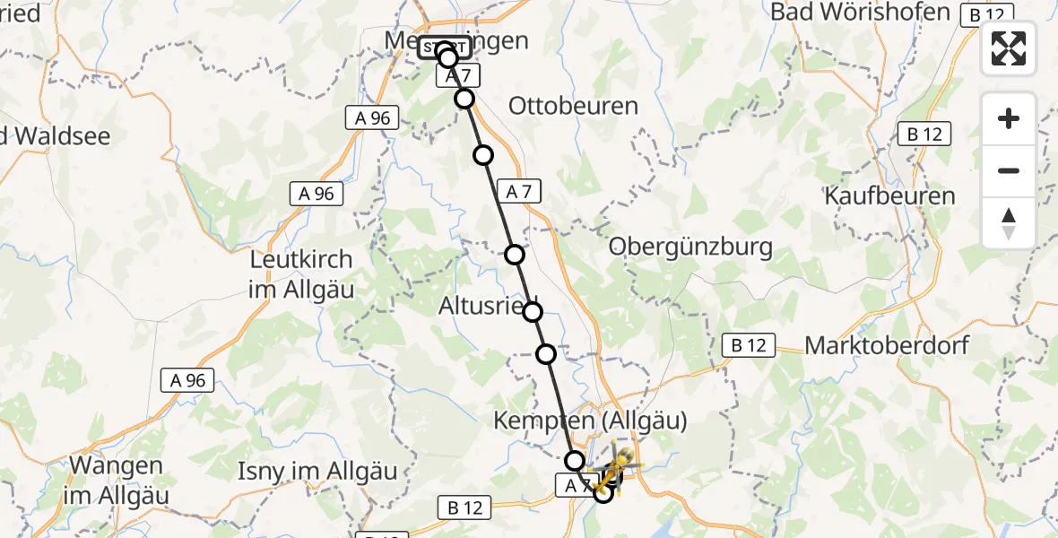 Flugroute Rettungshubschrauber Memmingen Hospital - Kempten-Durach Flugplatz, 27 Juni 2026, 17:02