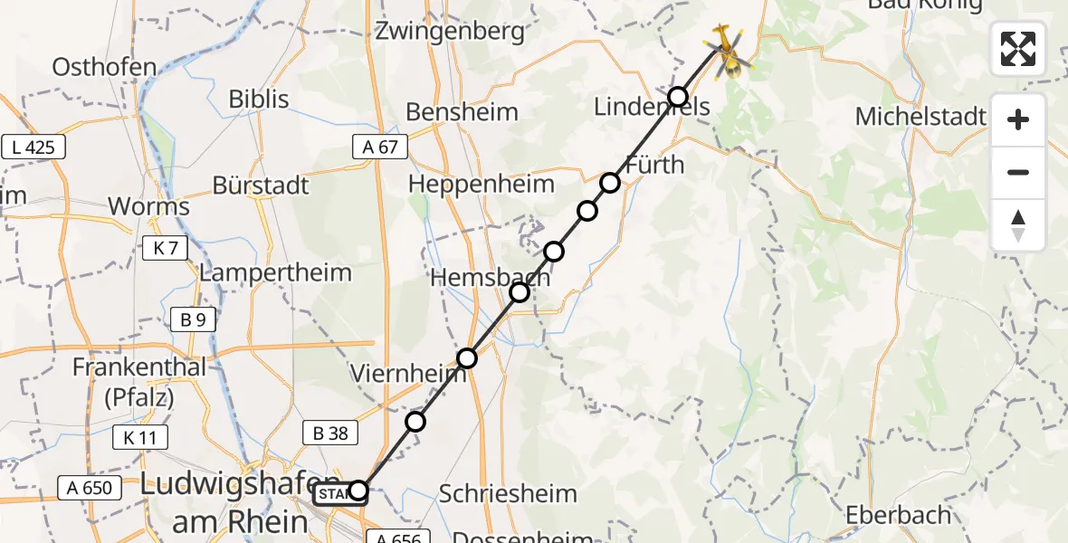 Flugroute Rettungshubschrauber Mannheim-City Flughafen - Reichelsheim (Odenwald), 27 Juni 2026, 17:04