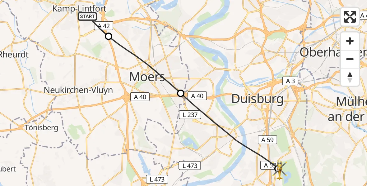 Flugroute Rettungshubschrauber Kamp-Lintfort - Duisburg Air Rescue Hubschrauberlandeplatz (Christoph 9), 27 Juni 2026, 17:06