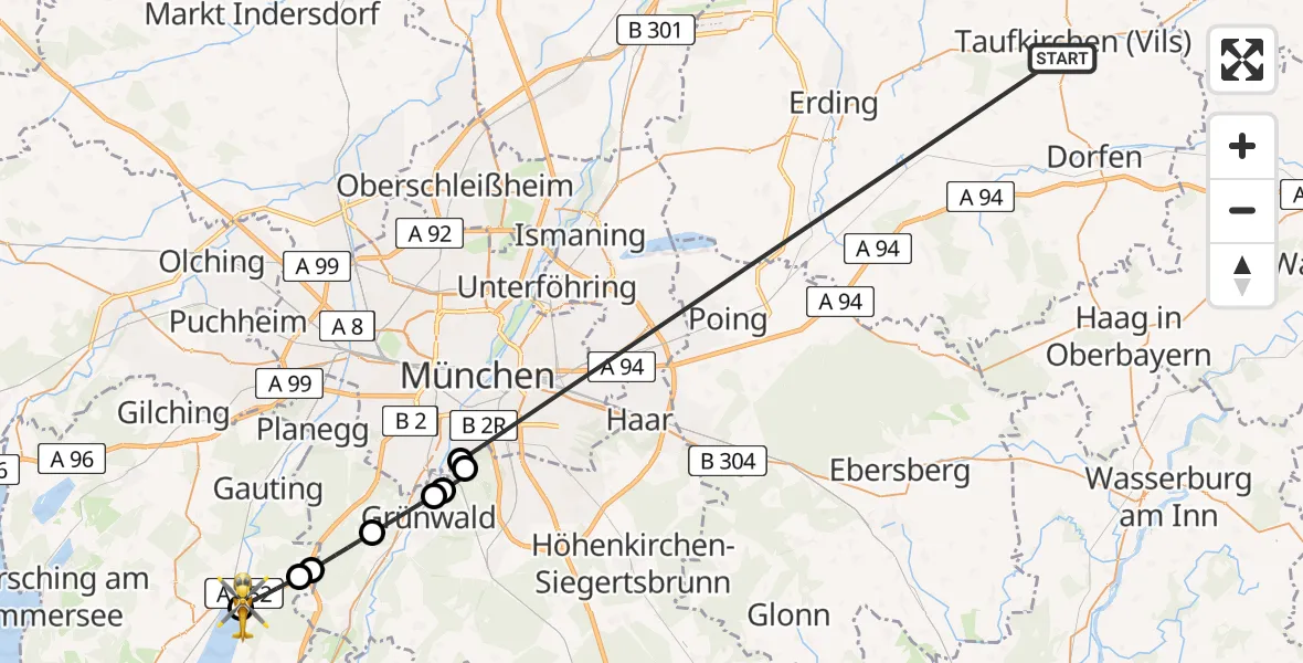 Flugroute Rettungshubschrauber Taufkirchen (Vils) - Starnberger See, 27 Juni 2026, 17:11