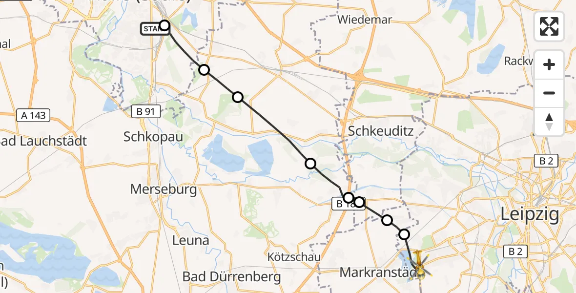 Flugroute Rettungshubschrauber BG Hospital Bergmannstrost Halle - Leipzig, 27 Juni 2026, 17:11