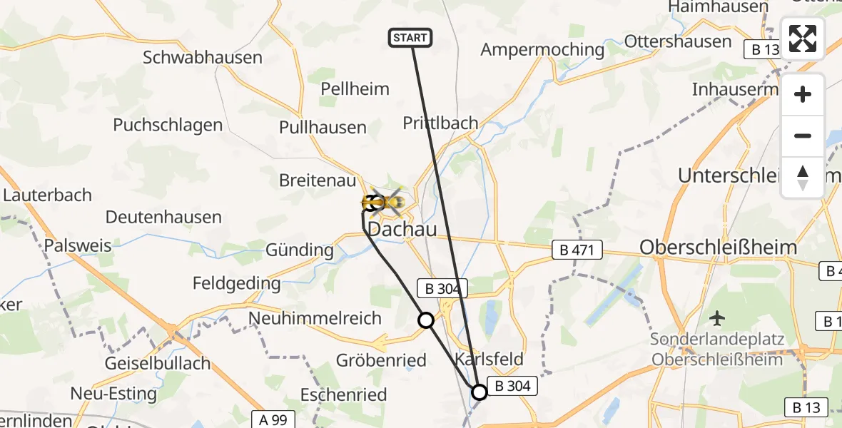 Flugroute Rettungshubschrauber Röhrmoos - Helios Clinic Dachau, 27 Juni 2026, 17:14