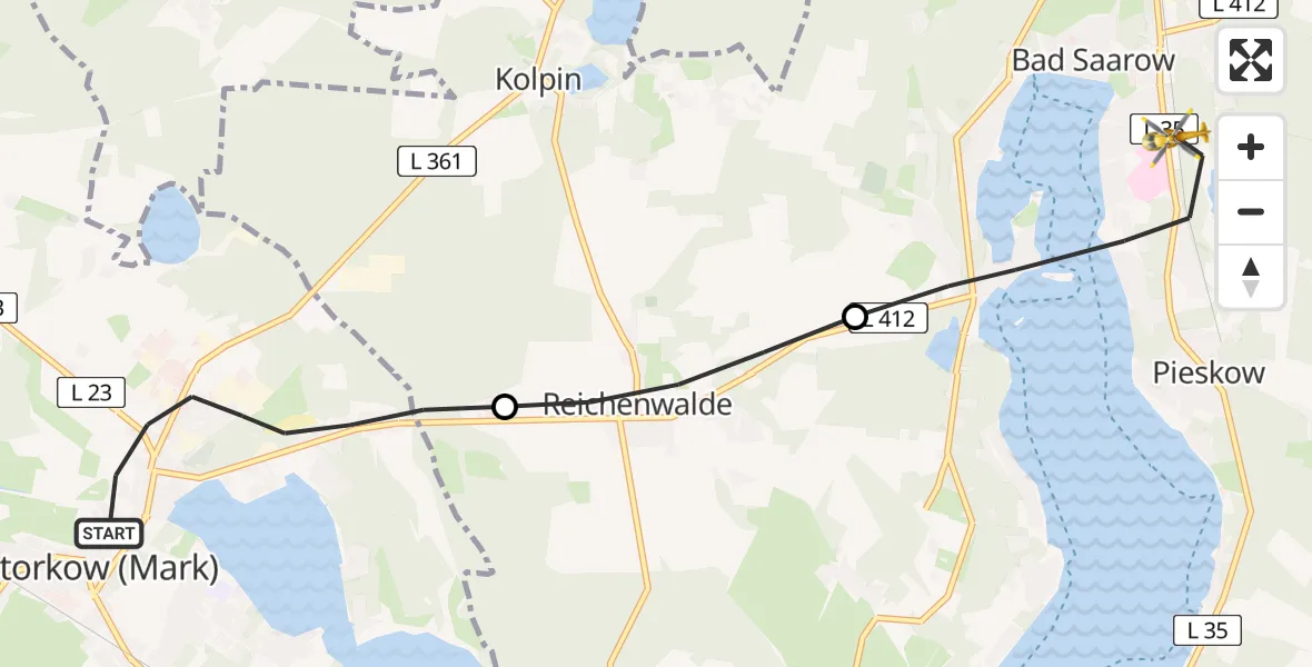 Flugroute Rettungshubschrauber Storkow (Mark) - Bad Saarow Hospital Hubschrauberlandeplatz, 27 Juni 2026, 17:15