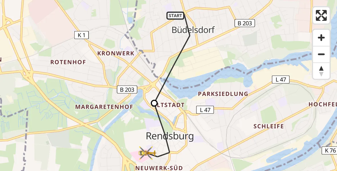 Flugroute Ambulanzhubschrauber Büdelsdorf - Rendsburg, 27 Juni 2026, 17:15