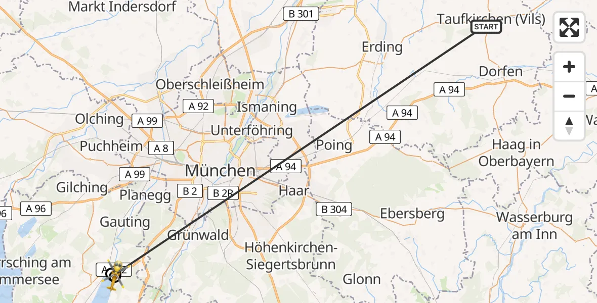 Flugroute Rettungshubschrauber Taufkirchen (Vils) - Berg, 27 Juni 2026, 17:21