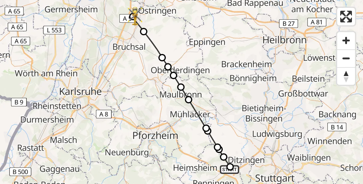 Flugroute Rettungshubschrauber Leonberg Hospital - Bad Schönborn, 27 Juni 2026, 17:22