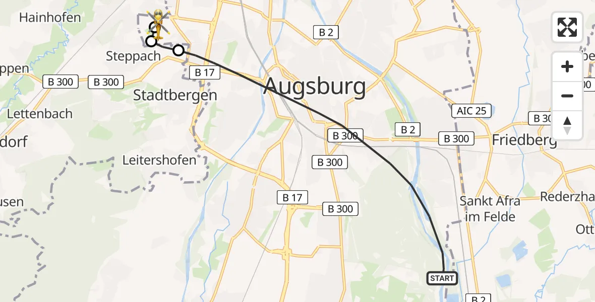 Flugroute Rettungshubschrauber Augsburg - Augsburg University Hospital, 27 Juni 2026, 17:26