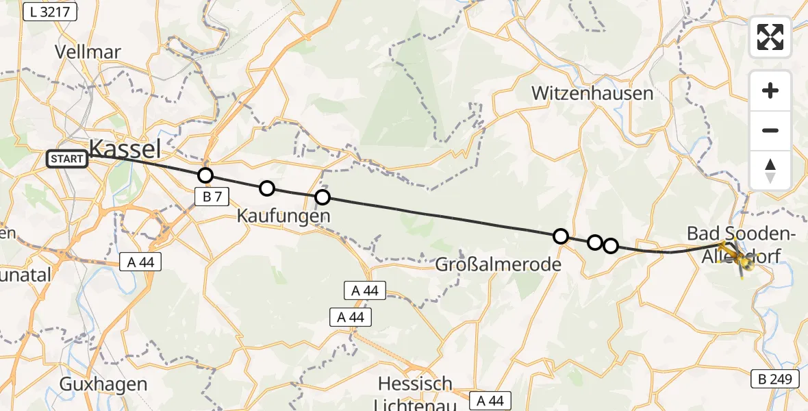 Flugroute Rettungshubschrauber Kassel - Bad Sooden-Allendorf, 27 Juni 2026, 17:26