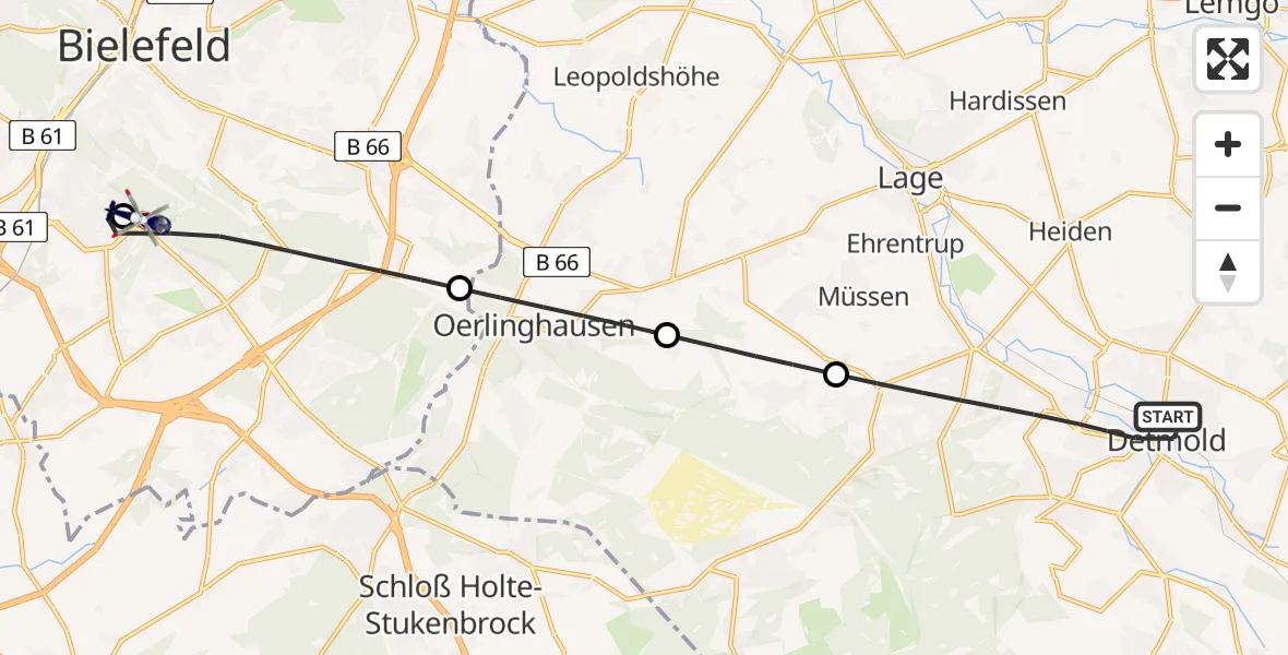 Flugroute Polizeihubschrauber Detmold - Luftrettungszentrum Bielefeld, 27 Juni 2026, 17:26