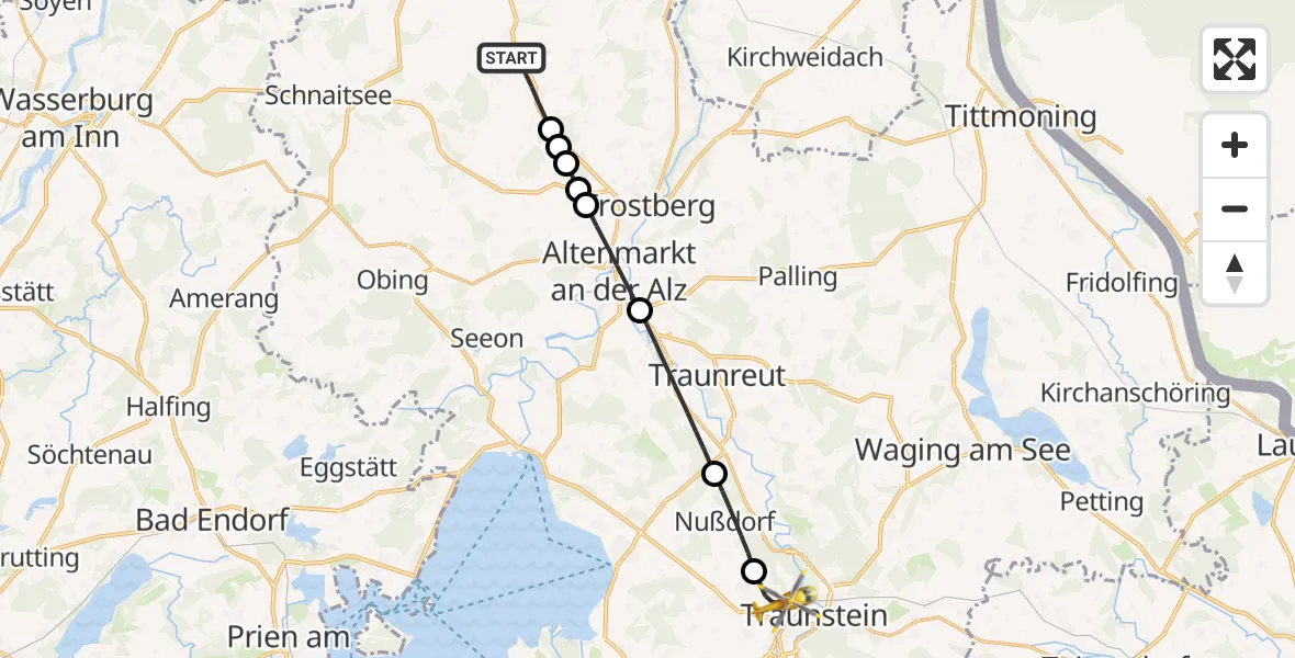 Flugroute Rettungshubschrauber Tacherting - Traunstein Hospital, 27 Juni 2026, 17:32