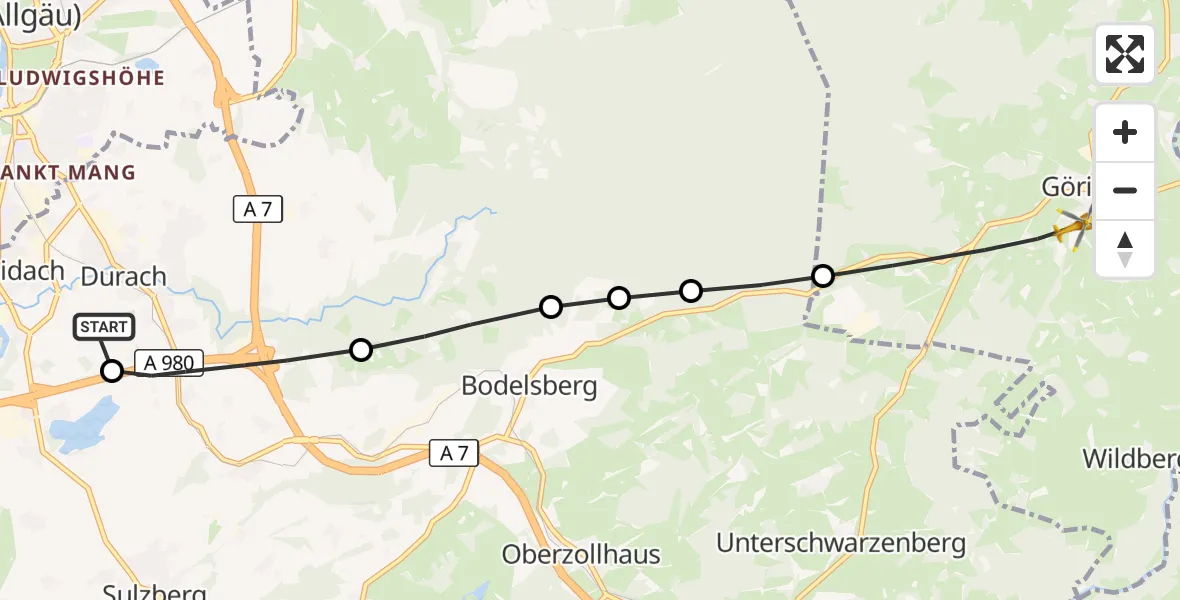 Flugroute Rettungshubschrauber Kempten-Durach Flugplatz - Görisried, 27 Juni 2026, 17:33