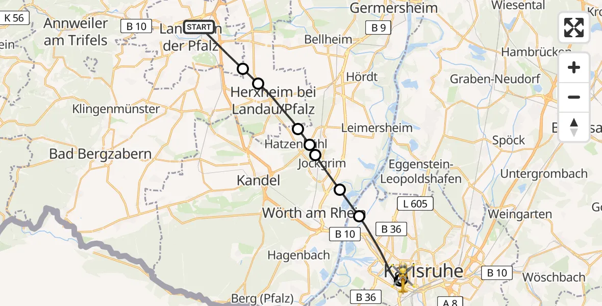 Flugroute Ambulanzhubschrauber Landau in der Pfalz - Sankt Vincentius Hospital, 27 Juni 2026, 17:36