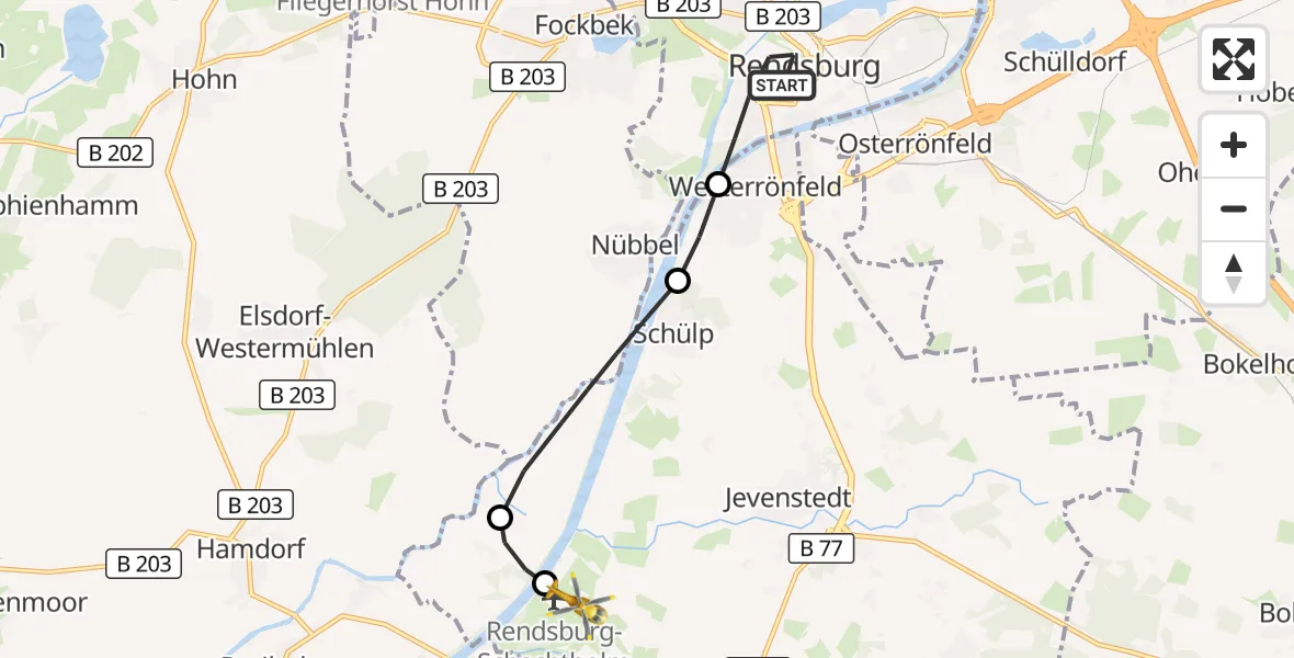 Flugroute Ambulanzhubschrauber Rendsburg - Rendsburg-Schachtholm Flugplatz, 27 Juni 2026, 17:37