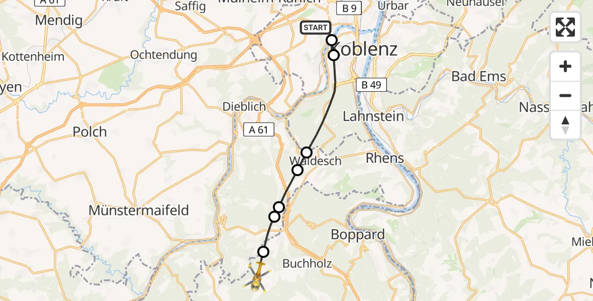 Flugroute Rettungshubschrauber Koblenz - Boppard, 27 Juni 2026, 17:38