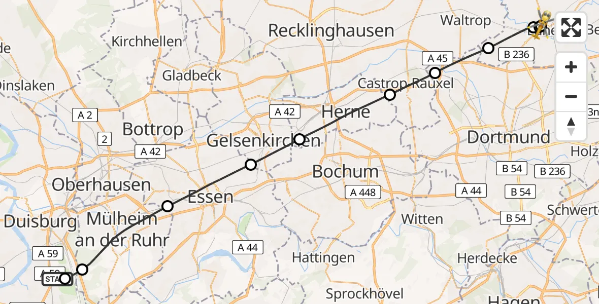 Flugroute Rettungshubschrauber Duisburg Air Rescue Hubschrauberlandeplatz (Christoph 9) - Sankt Marien Hospital, 27 Juni 2026, 17:39