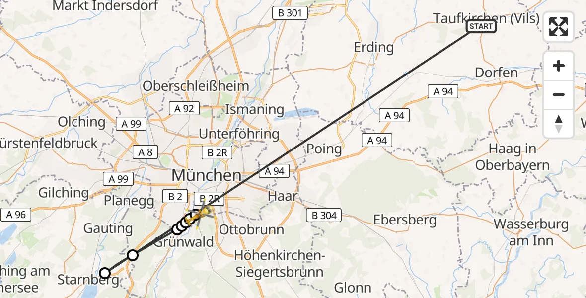 Flugroute Rettungshubschrauber Taufkirchen (Vils) - ADAC Air Rescue Center Hubschrauberlandeplatz (Christoph 1), 27 Juni 2026, 17:39