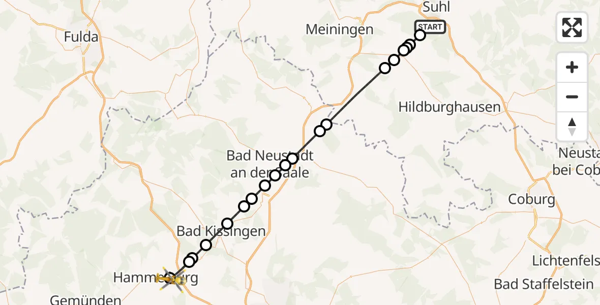 Flugroute Rettungshubschrauber Suhl - Fuchsstadt, 27 Juni 2026, 17:47