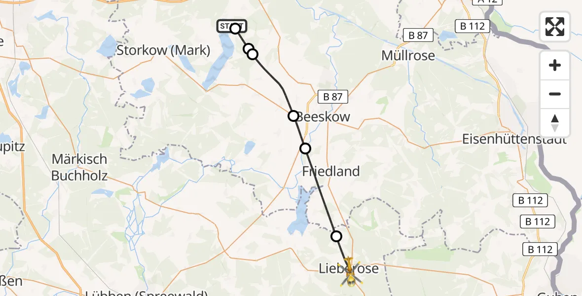Flugroute Rettungshubschrauber Bad Saarow Hospital - Lieberose, 27 Juni 2026, 17:49