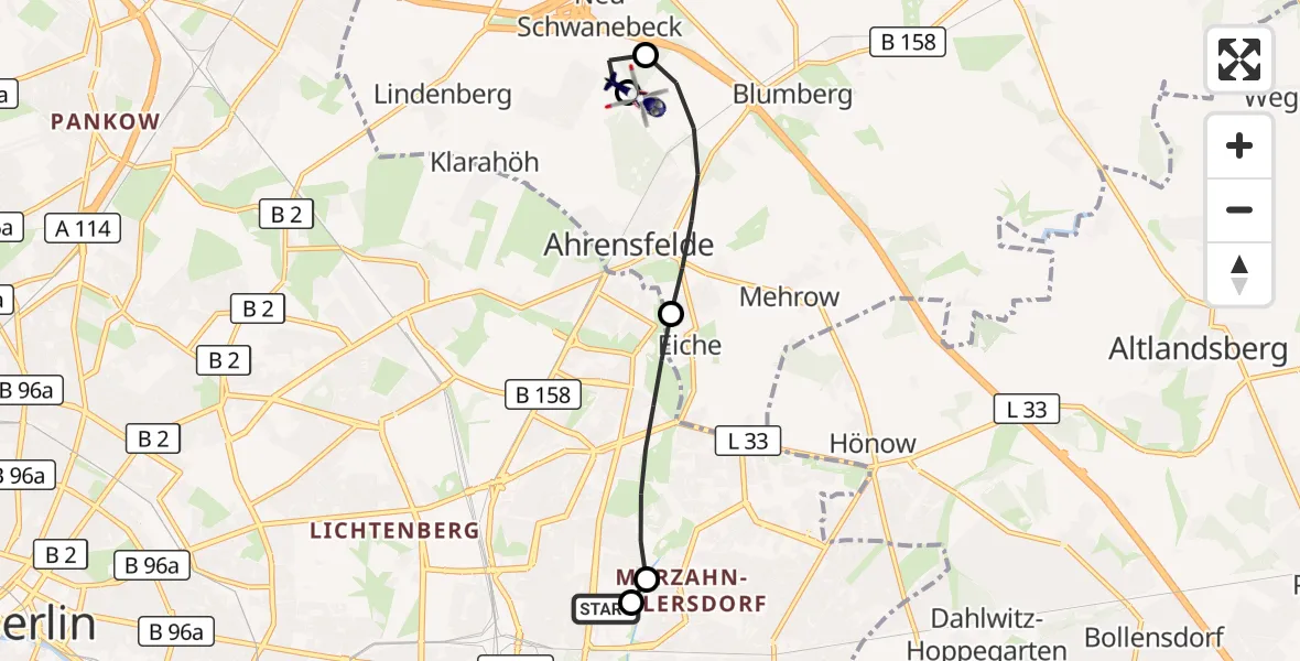 Flugroute Polizeihubschrauber Berlin Emergency Hospital - Ahrensfelde Hubschrauberlandeplatz, 27 Juni 2026, 17:49