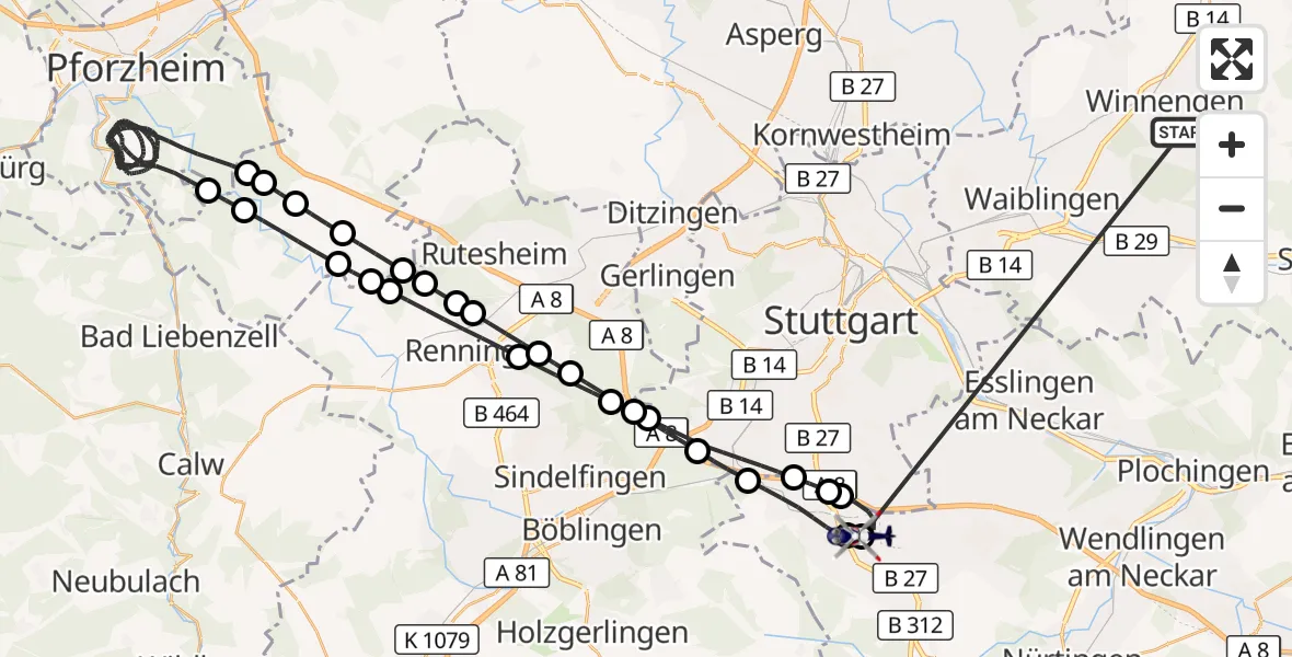 Flugroute Polizeihubschrauber Winnenden - Flughafen Stuttgart, 27 Juni 2026, 17:55