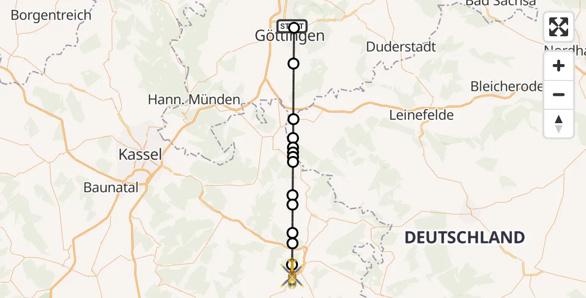 Flugroute Rettungshubschrauber Göttingen University Clinic Hubschrauberlandeplatz - Sontra, 27 Juni 2026, 17:56